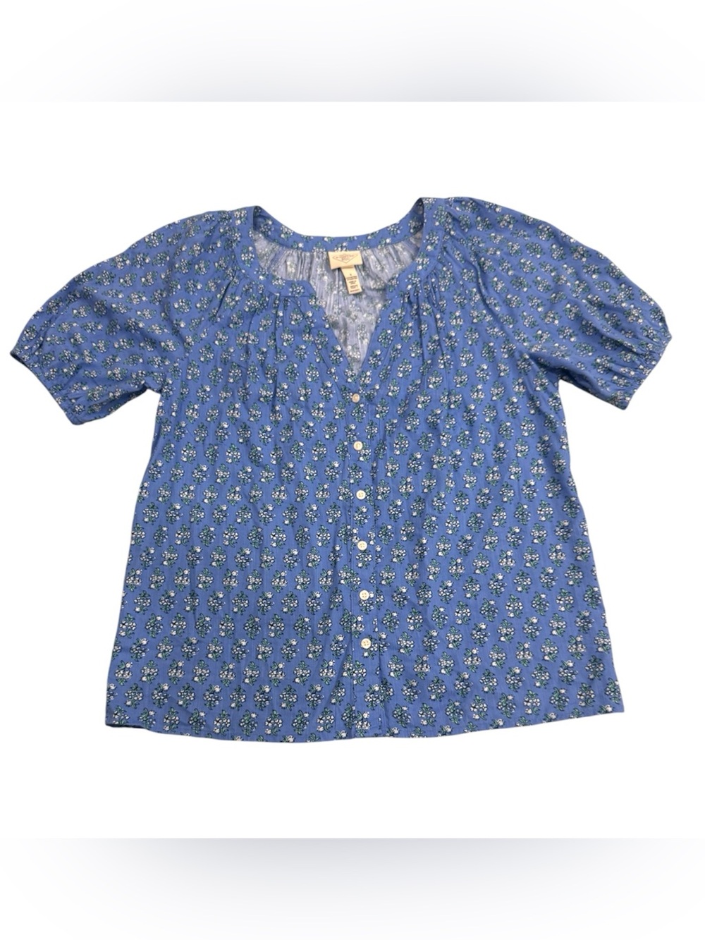 Button-Front V-neck Blouse Blue Floral Elastic Short Sleeves Small